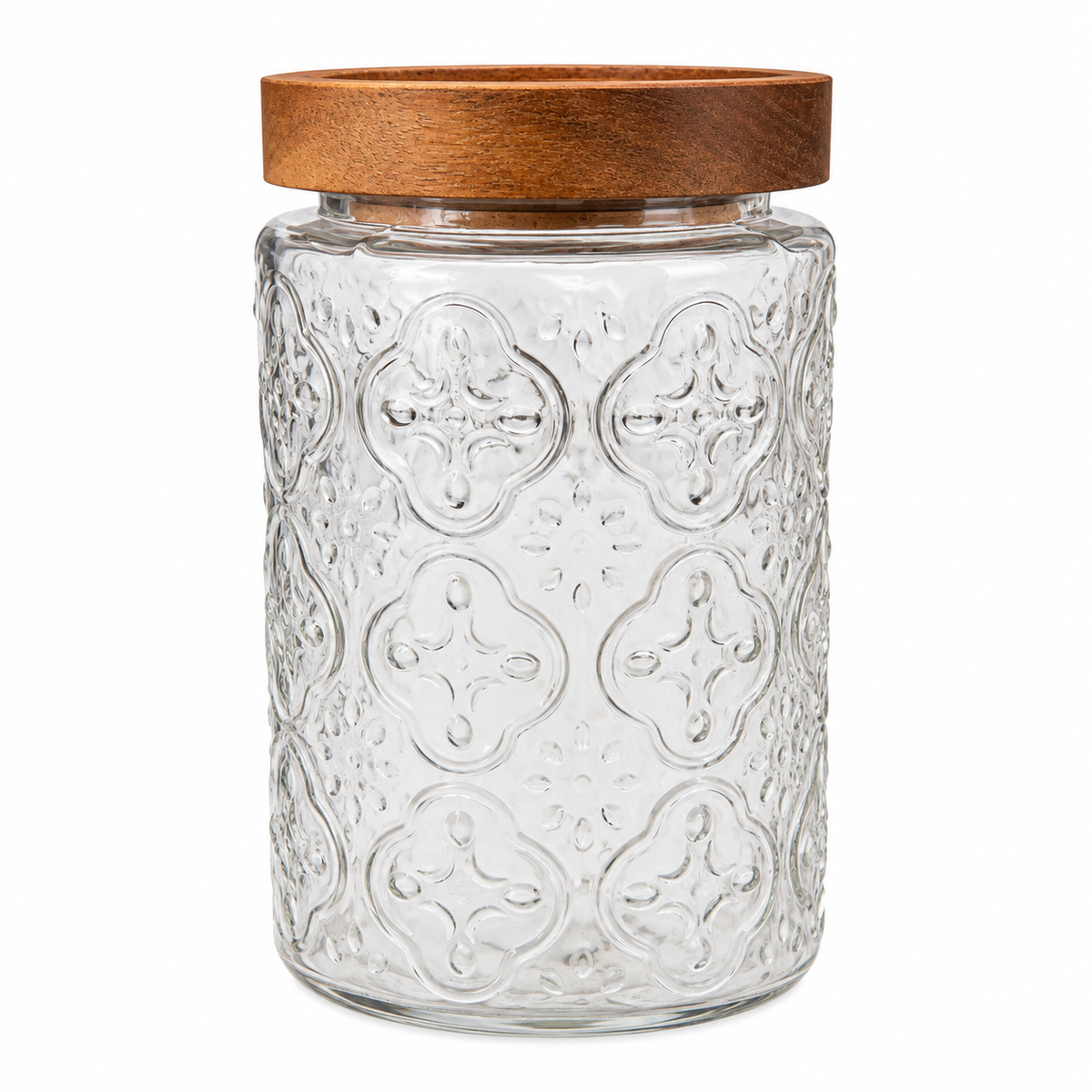 Embossed Glass Storage Jar with Wooden Lid