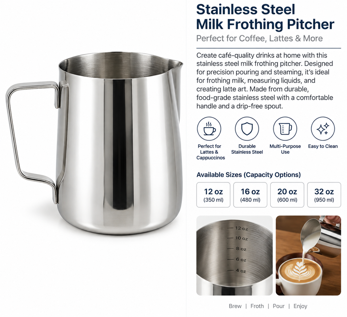 Stainless Steel Milk Frothing Pitcher