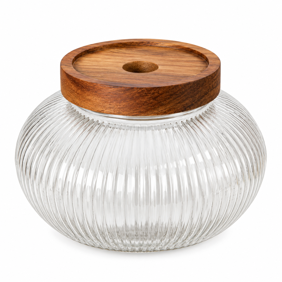 Ribbed Glass Storage Jar with Wooden Lid