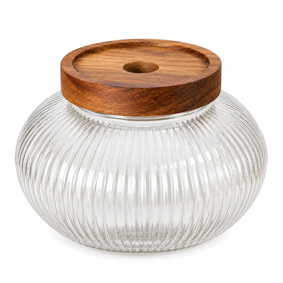 Ribbed Glass Storage Jar with Wooden Lid