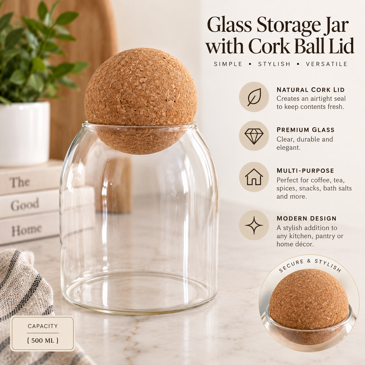 Glass Storage Jar with Cork Ball Lid